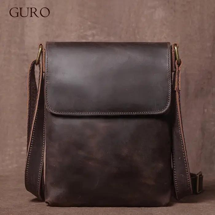 GURO-Sac à Bandoulière en Cuir group pour Homme, Haute Qualité, Élingue, Cheval, Peau de Vache, Mess