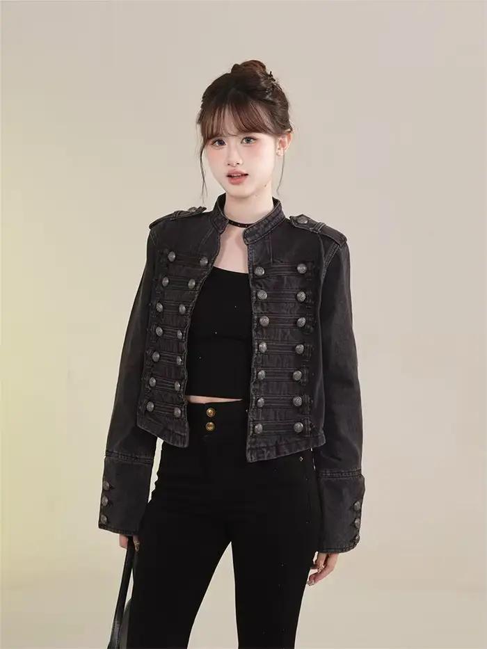 Veste courte en Denim rétro américain pour femmes, manteau de moto décontracté à manches longues et