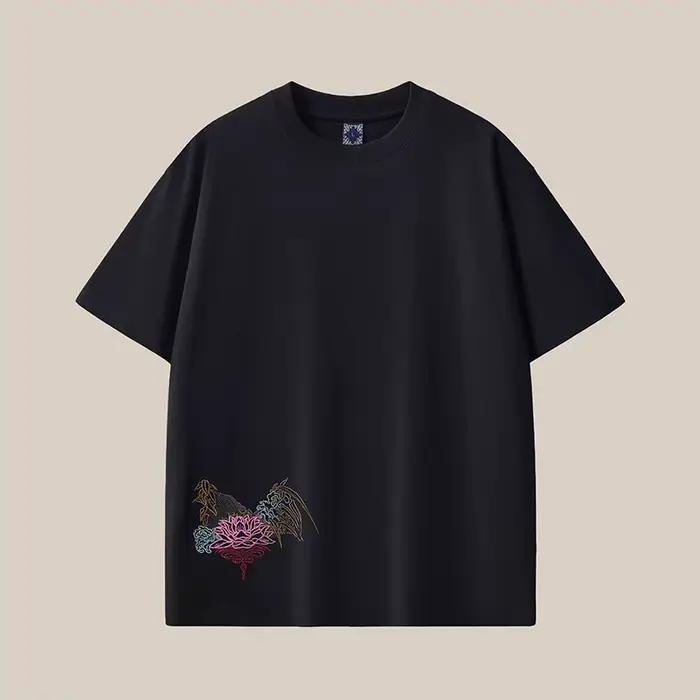 T-shirt pour hommes grande taille, 100% coton peigné, broderie, coupe ample, col rond, manches courtes, hauts d'été