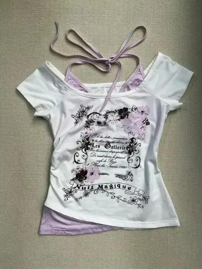 T-shirt Vintage Été 2026 Effet Deux Pièces Halter à Lacets Y2K Coupe Slim Imprimé Femme Épaules Dénu