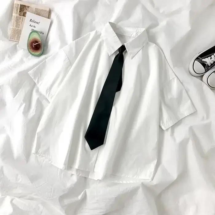 Chemise blanche pour femmes, chemisier à revers à manches courtes avec cravate, mode japonaise pour