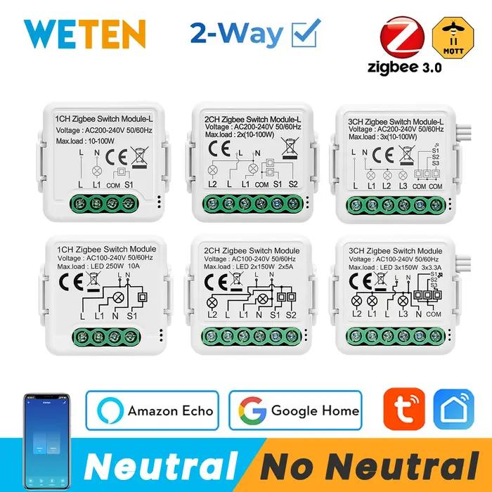 Tuya Zigbee 3.0 Mini Module de commutation intelligent relais sans fil neutre contrôle bidirectionne