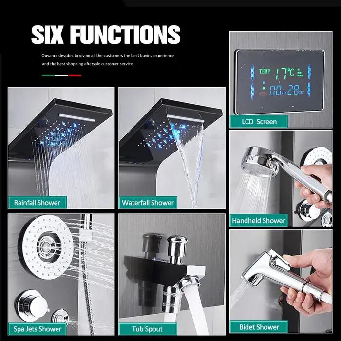 Panneau de douche LED en Nickel noir, colonne de douche à Six fonctions, cascade de pluie, Massage,