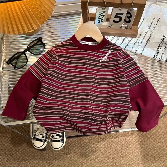 T-shirt rayé de style coréen pour garçons et filles, vêtements en coton respirant, vêtements de prin