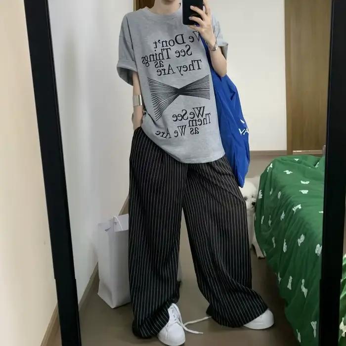 2025 printemps décontracté rayé imprimé taille haute jambe large Patchwork pantalon femmes Baggy mod