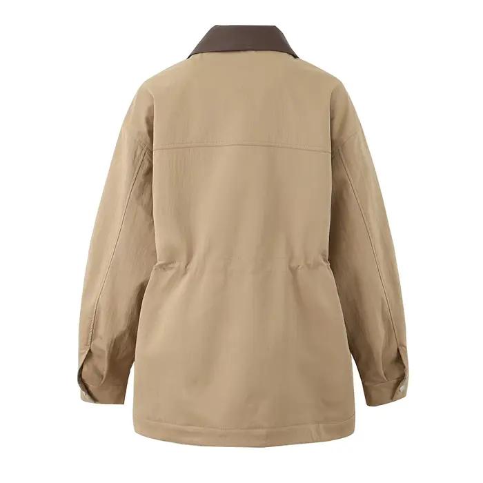 Manteau Safari en Faux Cuir Épissé pour Femme, Veste à Fermeture Éclair, 2 Poches Avant, Taille arti