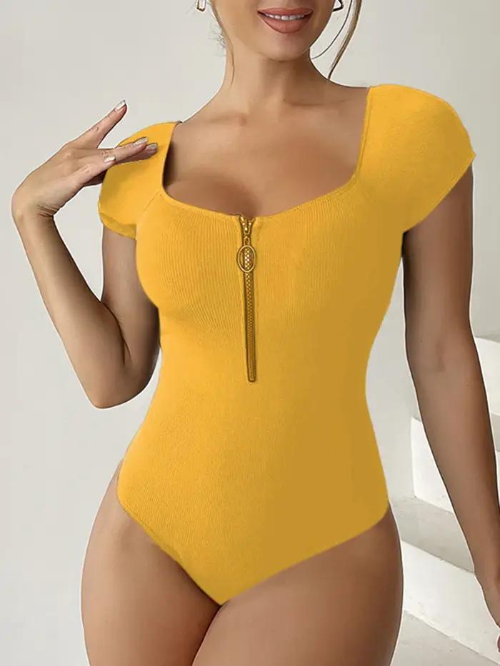 Maillot de bain une pièce à manches courtes pour femme 2026 – Maillot de bain uni avec fermeture écl