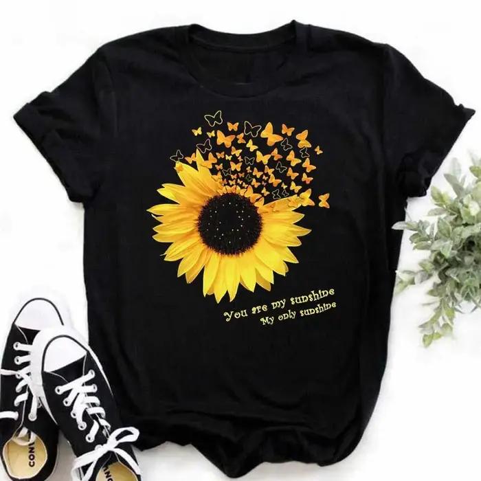 Maycaur T-shirt femme décontracté Kawaii tournesol motif papillon imprimé T-shirt confortable décont