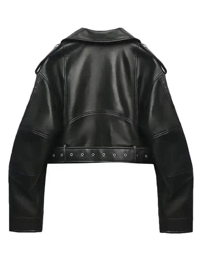 Femmes Vintage ample lavé Faux cuir veste courte Streetwear femme fermeture éclair ceinture Moto Bik