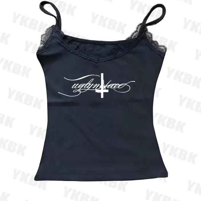 Lettre croix imprimé bretelles décontracté streetwear harajuku grunge punk Y2K crop hauts chic sexy