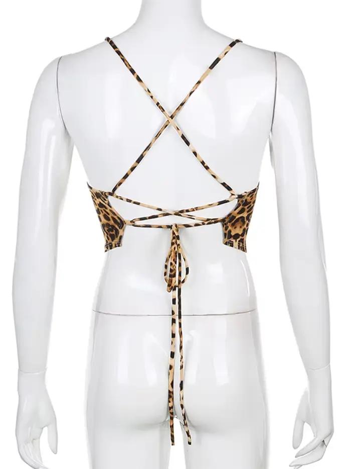 Débardeur à motif léopard pour femmes, dos nu, Sexy, tenues Rave, sans manches, croisé, à lacets, Br