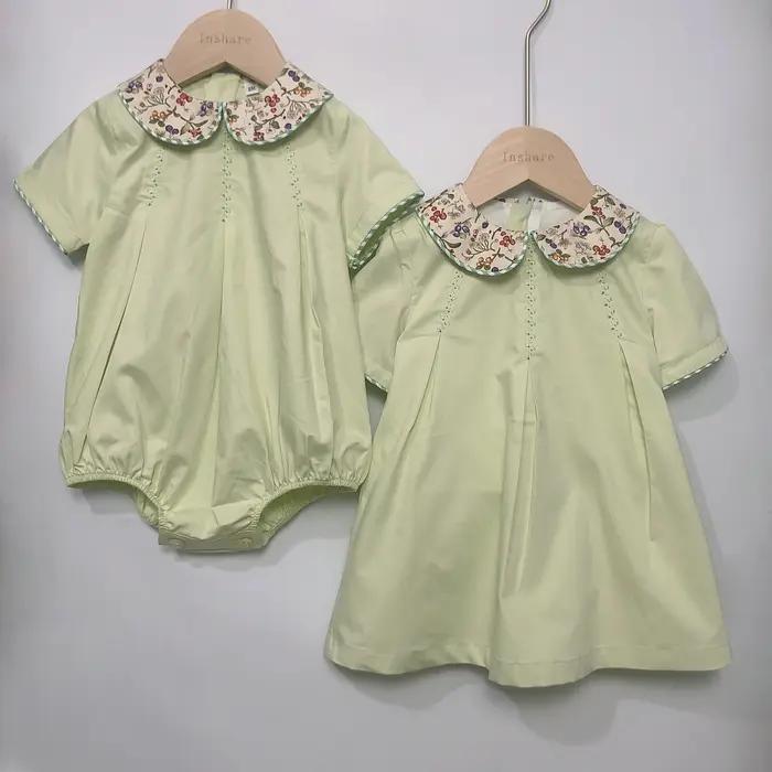 Vêtements de Boutique pour Enfant, Barboteuse à Manches Courtes en Coton Vert, Imprimé Floral, Col à