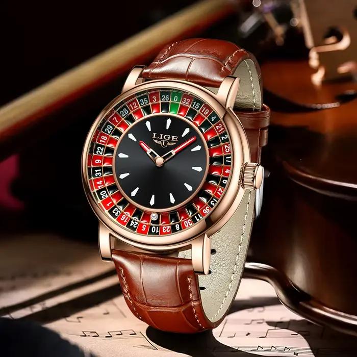 LIGE mode cuir marron hommes montre cadran rotatif Las Vegas Roulette bureau thème montre hommes éta