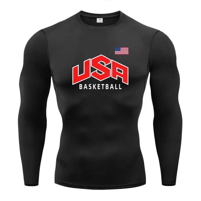 Drapeau américain basket-ball athlétique hommes course T-Shirt Compression à manches longues T-Shirt