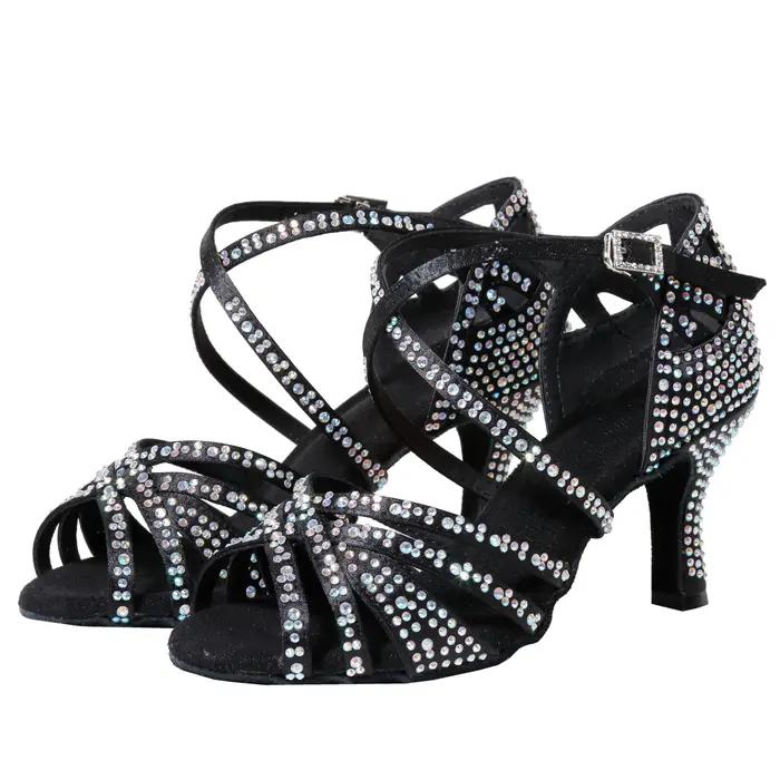 Chaussures de danse latine en diamant pour femmes, sandales de danse carrées, chaussures de danse Ch