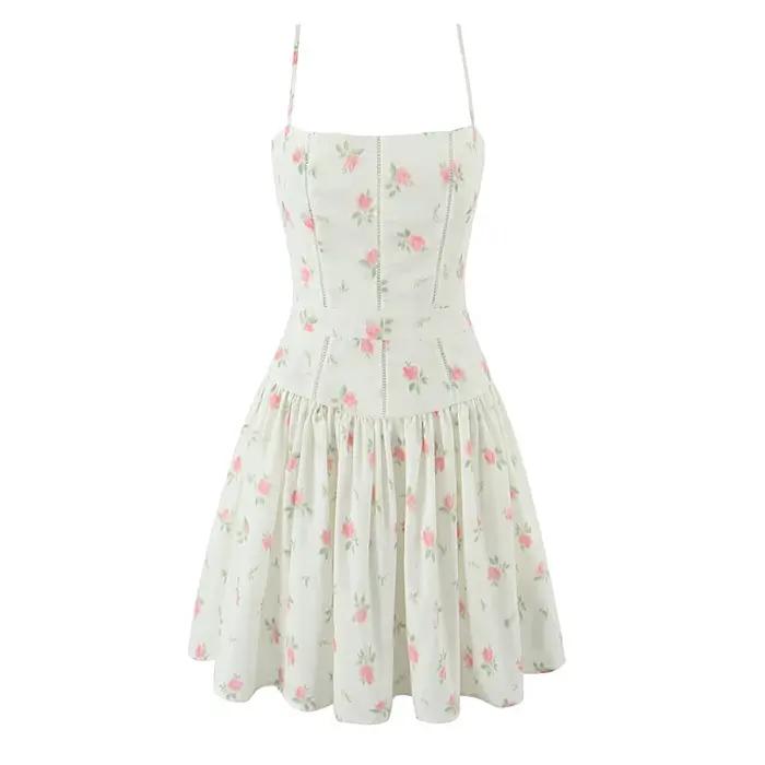 YENKYE Sexy bretelles Spaghetti imprimé fleuri Mini robes femmes taille basse a-ligne été vacances R