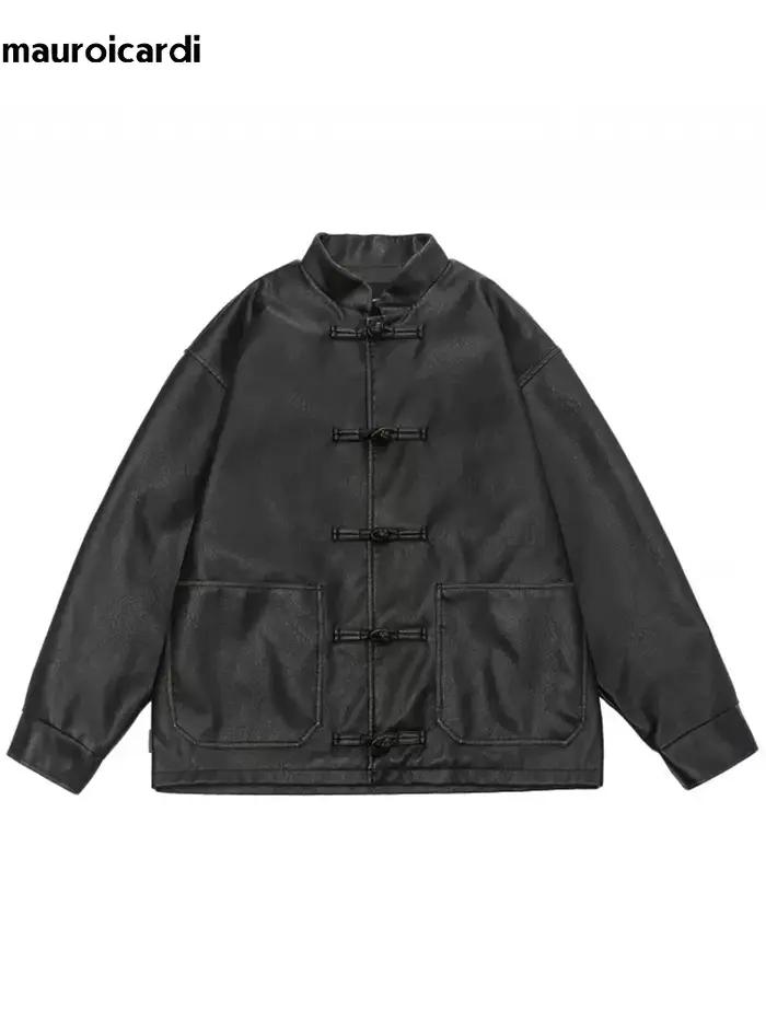 Mauroicardi-Veste en cuir PU vintage pour homme, design de luxe élégant, vêtements de style chinois,