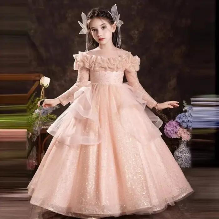 Robe de Cérémonie Fille 2026 – Robe Longue à Fleurs et Manches Longues pour Enfants, Idéale pour Hôt