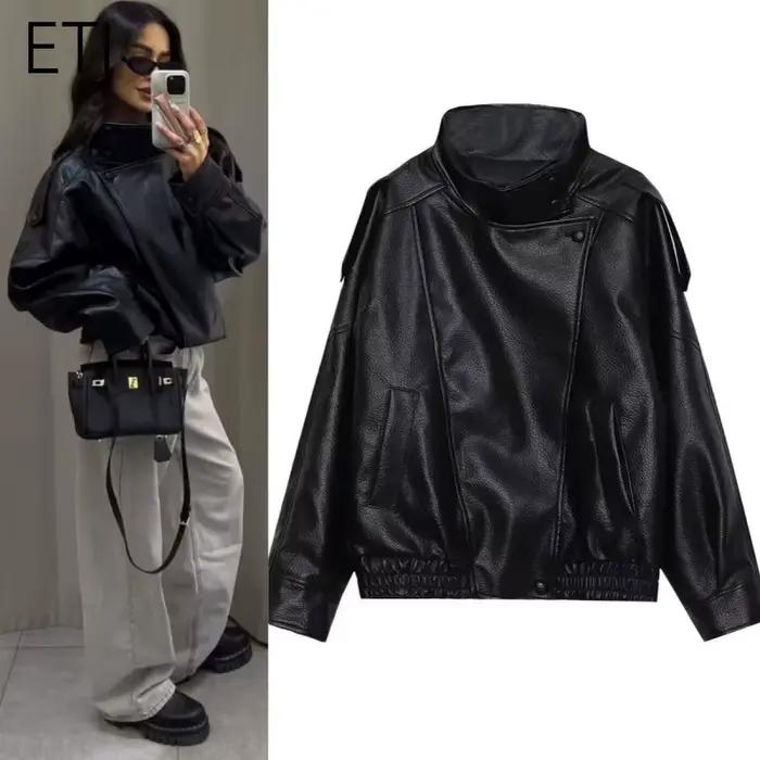 ETJ 2025 nouvelle version ample de la mode des femmes de col montant veste en simili cuir style de r