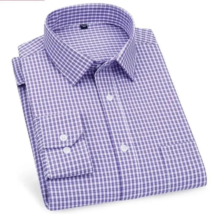 Chemises décontractées pour hommes, violet bleu, coton, coupe classique, manches longues, à carreaux
