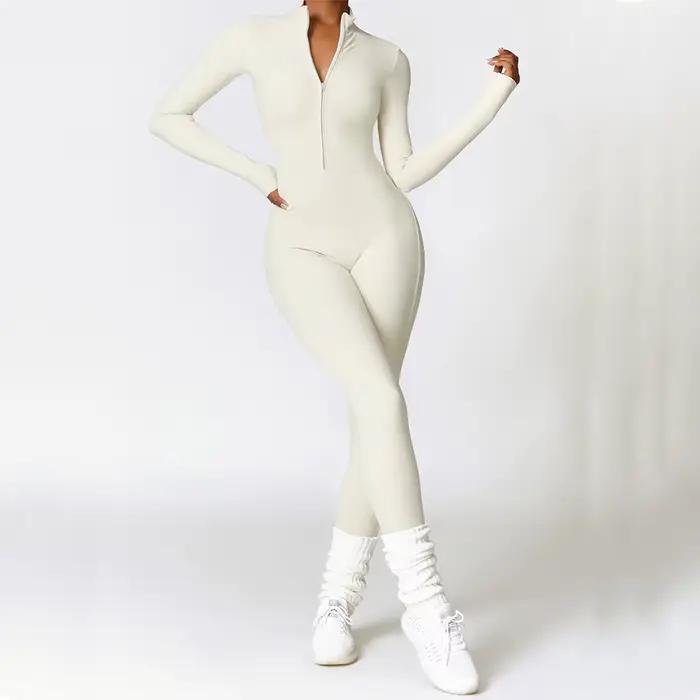 Vêtements de sport une pièce à manches longues pour femmes, barboteuse de Yoga à fermeture éclair, c