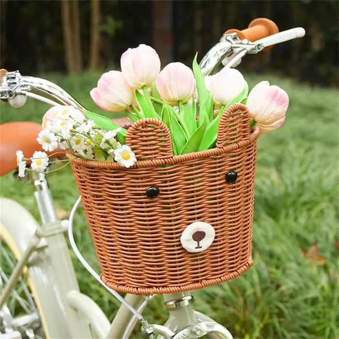 Panier avant de vélo tressé vintage style rétro pour vélos d'équilibre enfant rangement rotin support métallique occaions spéciales