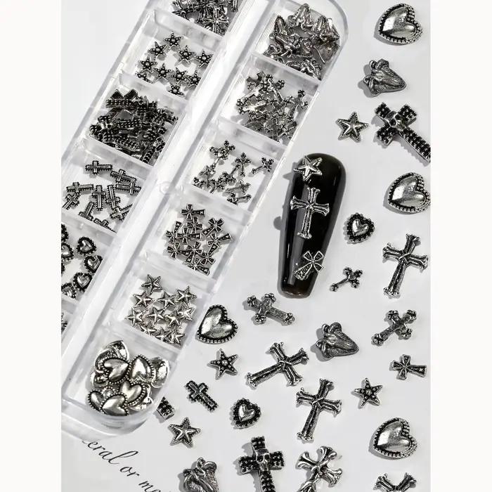 Boîte de 12 grilles Vintage en forme de croix en alliage de Zinc, bijoux pour ongles, fournitures en