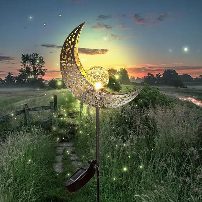 Lumières solaires LED en verre craquelé nickel é de lune, ornement de piquet en métal blanc chaud, l