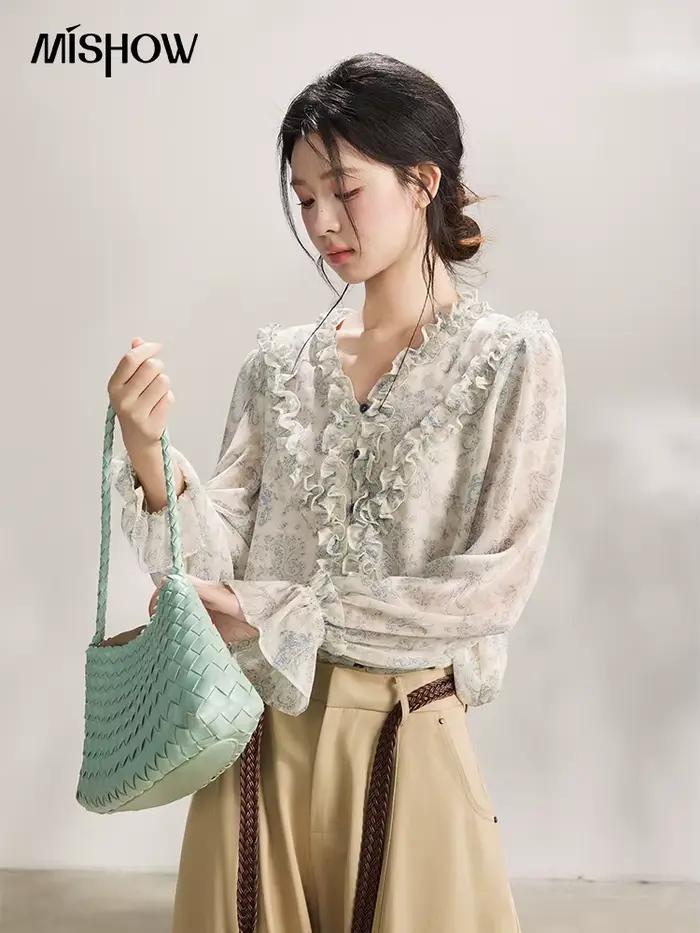 MISHOW – chemisier à volants pour femmes, bleu clair, imprimé Paisley, col en v, manches longues, en