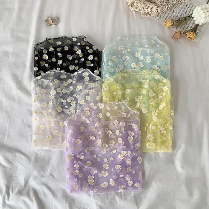 T-Shirt en maille ajourée pour femme, haut court à motif de fleur de marguerite, sexy, Transparent,