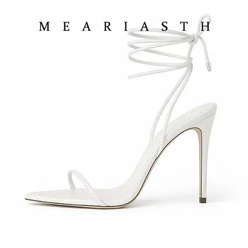 Sandales d'été blanches et noires à lacets pour femmes, chaussures à talons hauts en cuir, talons ai