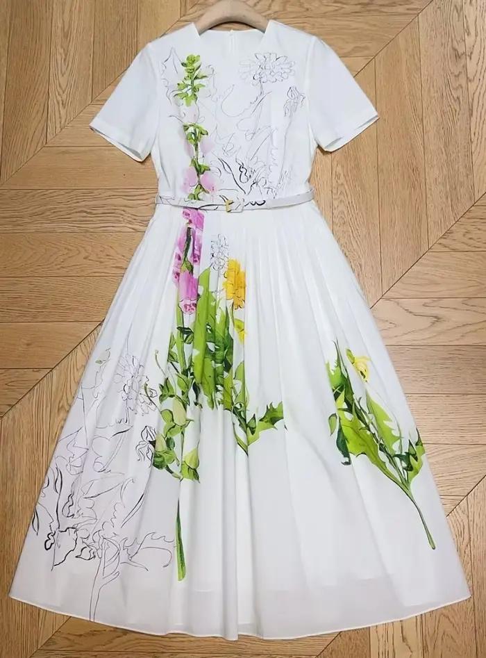 Top qualité nouveau 2026 printemps été robe femmes feuilles vertes imprimé fleuri poche Patchwork ma