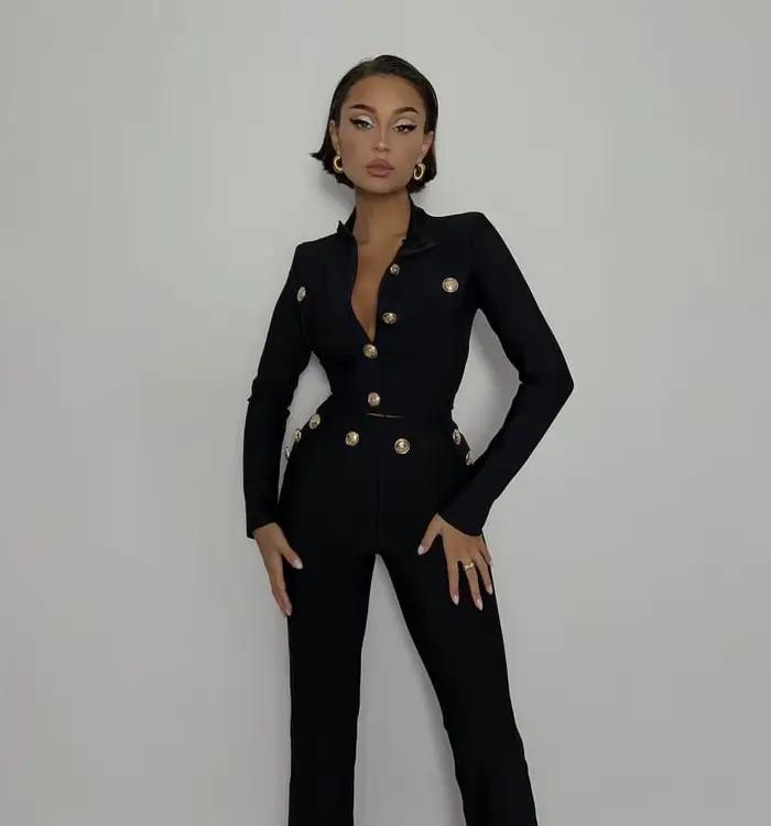 Nouveau Style d'automne couleur noire femmes à manches longues bouton rayonne Bandage manteau pantal