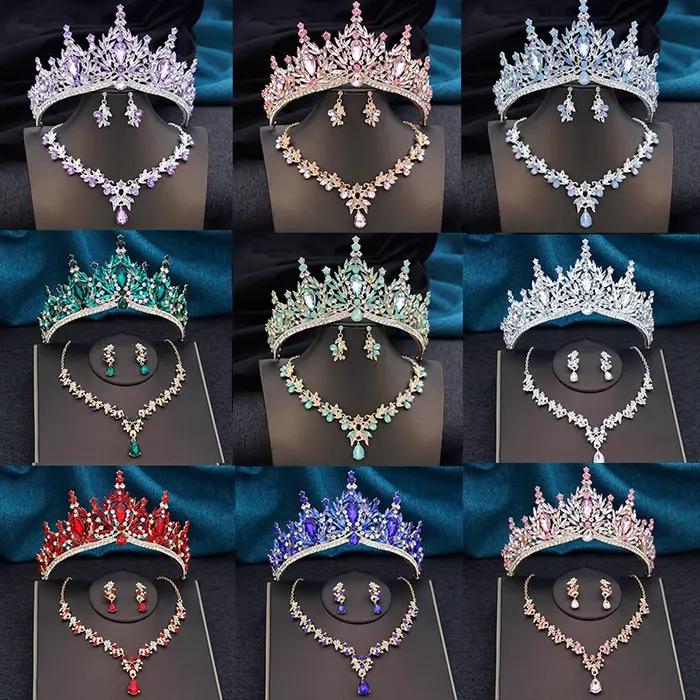 Diadèmes et couronnes avec collier et boucles d'oreilles pour femmes et filles, ensembles de bijoux