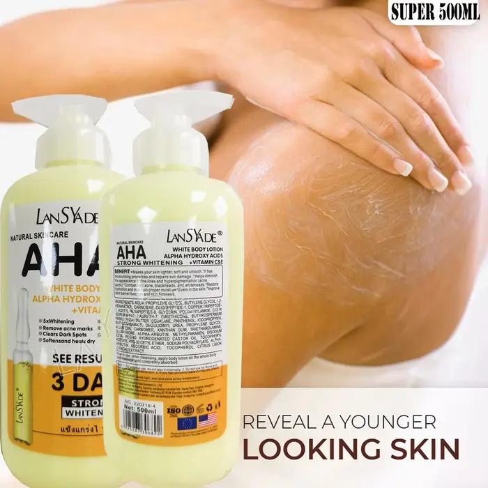 Lotion pour le corps blanchissante, acides hydroxy ALPHA + vitamine C & E, voir des résultats en 3 j