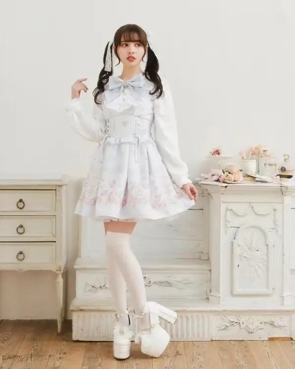 Robe Lolita japonaise pour femmes, manches longues, col de poupée, imprimé, taille élastique, Jirai