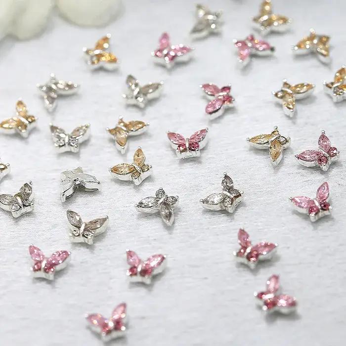 10/20 pièces Mini 4*5mm cristal papillon ongles breloques 3D diamant bijoux pièces rose clair métal