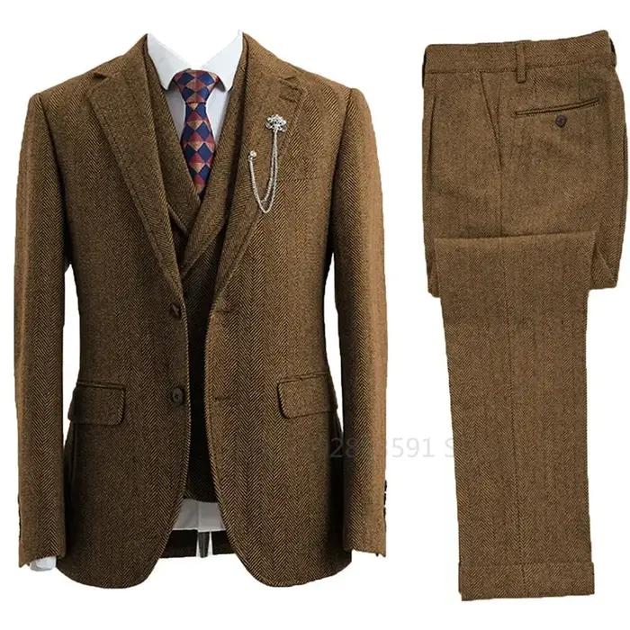 Costume 3 pièces pour hommes, Tweed à chevrons, Double boutonnage, Tuxedos de mariage, taille, vêtem