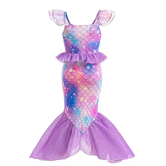 Robes de princesse sirène violettes pour filles, imprimé à motifs de poisson, Costume queue de poiss
