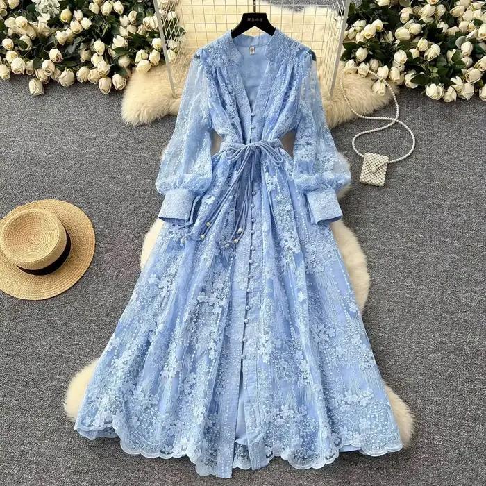 Robes formelles brodées de luxe pour femmes, lanterne d'été et d'automne, manches longues, dentelle,
