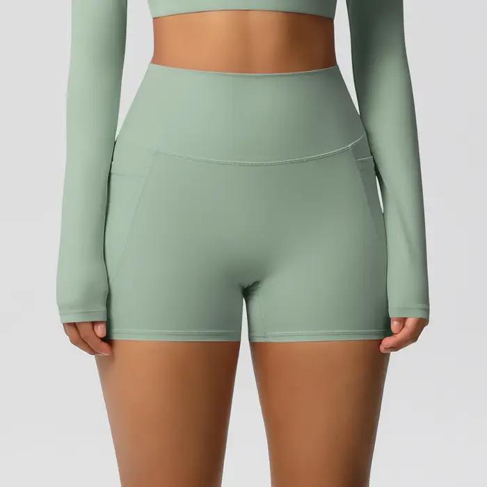 Short de Yoga femme en Nylon couleur unie - Avec poches pour cyclisme, course à pied et Pilates