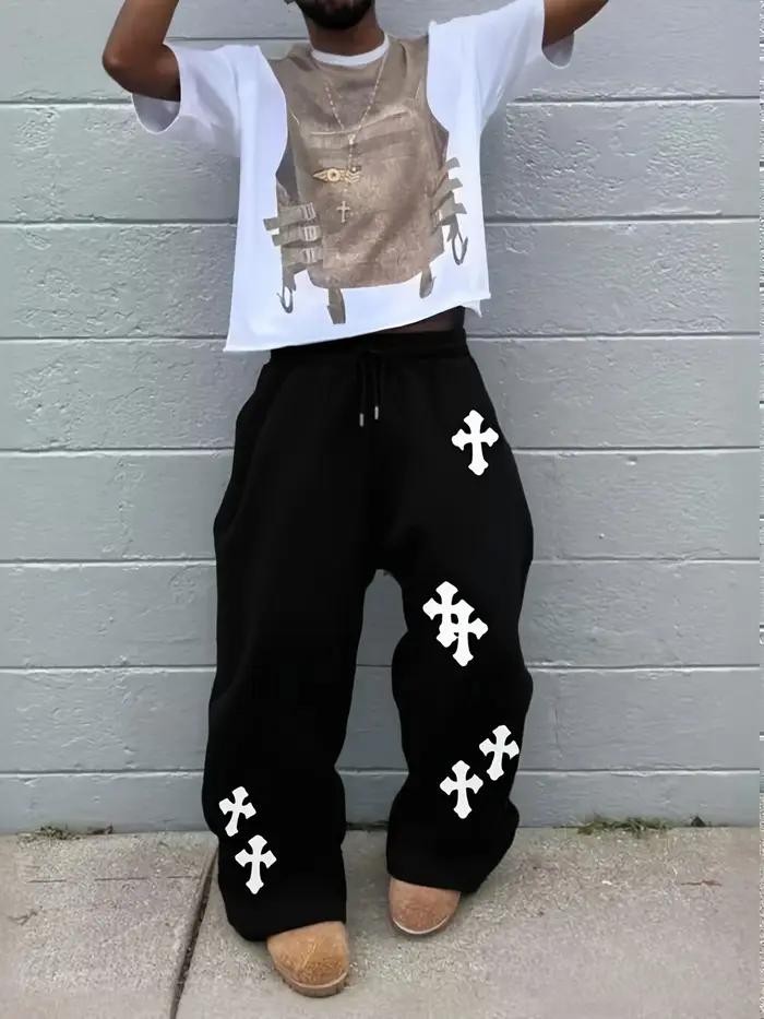 2025 Pantalon à jambes larges noir pour hommes à la mode Grande croix blanche imprimée Pantalon hip-