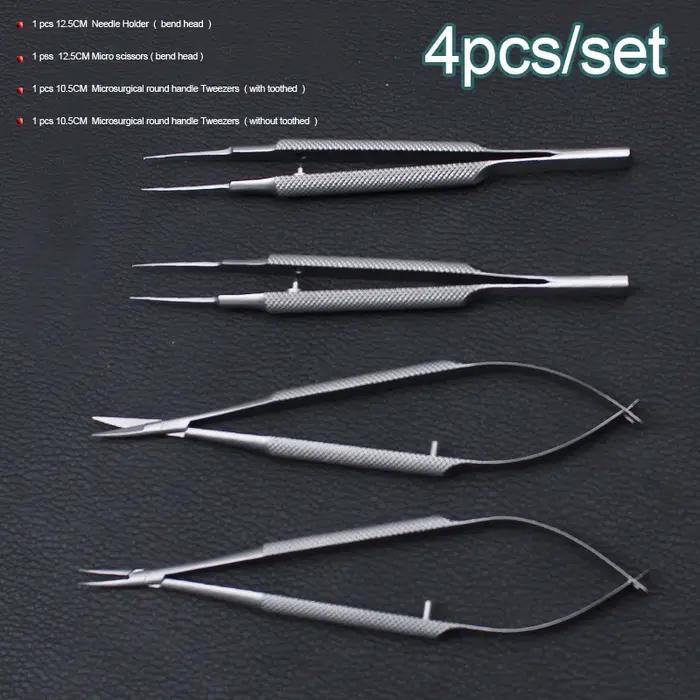 Nouveau 4 pièces/ensemble instruments microchirurgicaux ophtalmiques 12.5cm ciseaux + porte-aiguille