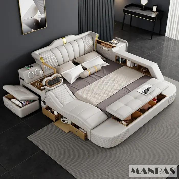 MINGDIBAO-Lit intelligent pour 2 personnes avec cadre King Size, lit Queen, cuir véritable, massage,
