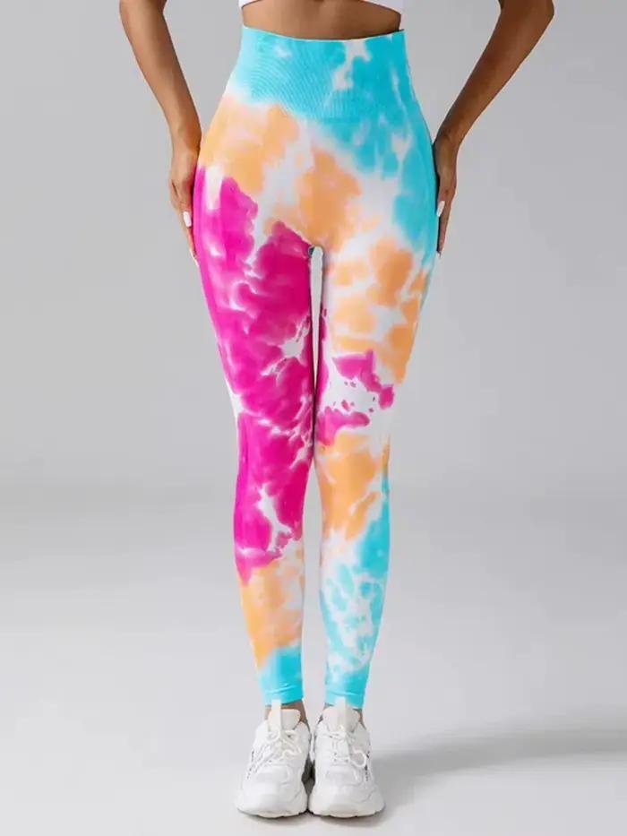 Pantalon de Fitness sans couture, teinture par nouage, pêche, hanche, Leggings, taille haute, collan