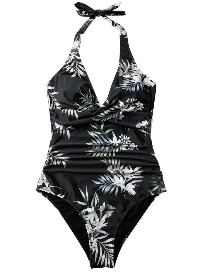 Maillot de bain une pièce imprimé croisé smocké, col licou, Sexy, pour femmes, vêtements de plage re