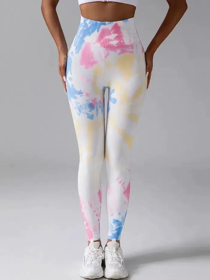 Pantalon de Fitness sans couture, teinture par nouage, pêche, hanche, Leggings, taille haute, collan