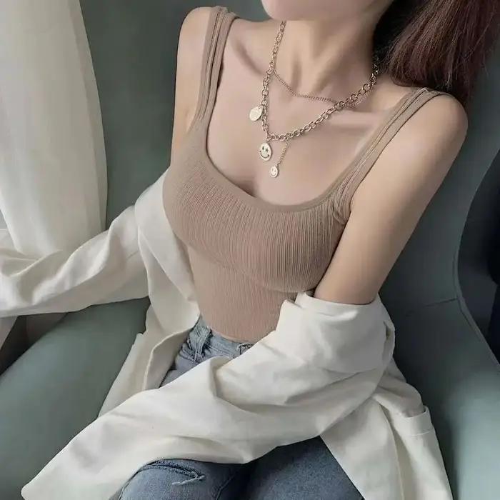 Crop top d'été pour femme, sans couture, col carré, bretelles larges, débardeur tricoté rayé, camiso