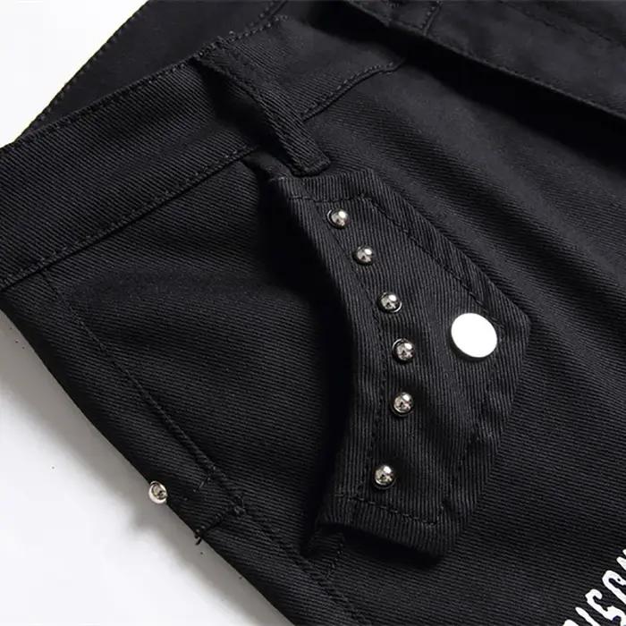 Jean Patchwork Tartan écossais pour hommes, pantalon en Denim noir, Punk avec Rivet, lettres imprimé