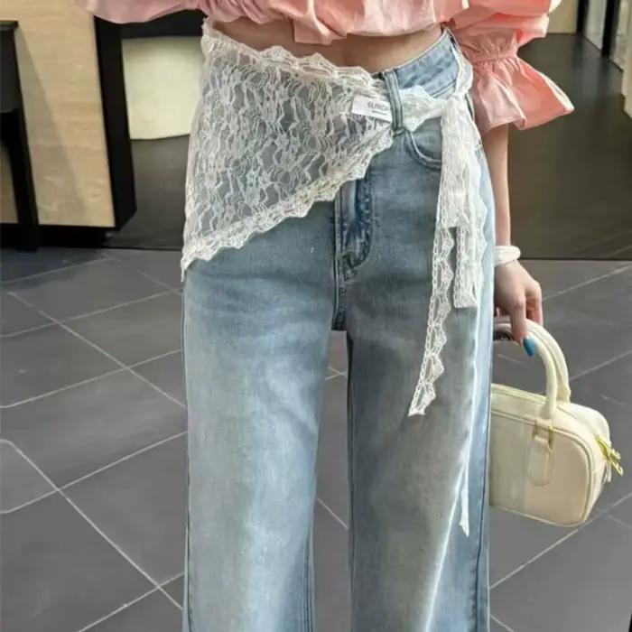 Jupe mi-longue style coréen et japonais, superposée, en dentelle douce et patchwork, avec jupe cache